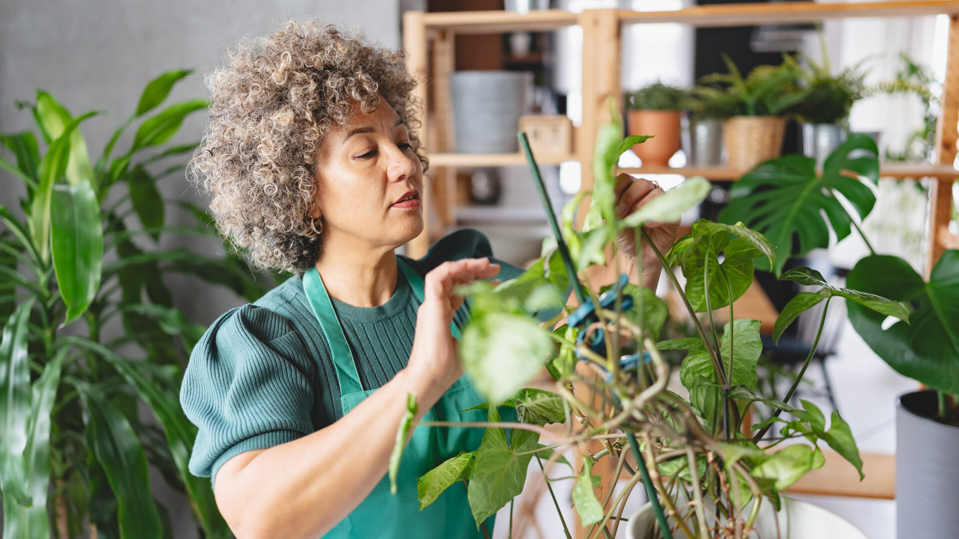 Vrouw met plant in huis