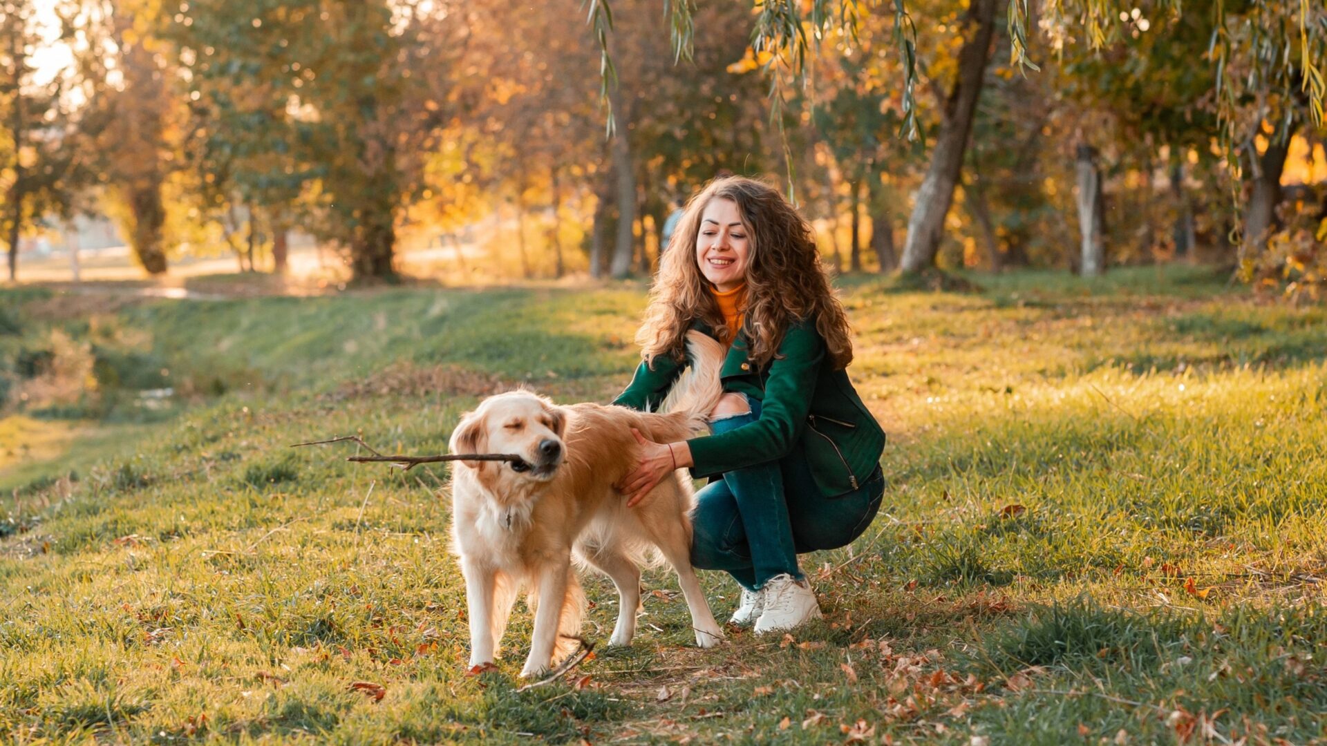 Vrouw met hond in het bos