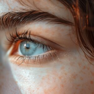 Oog van een vrouw met rood haar en sproeten