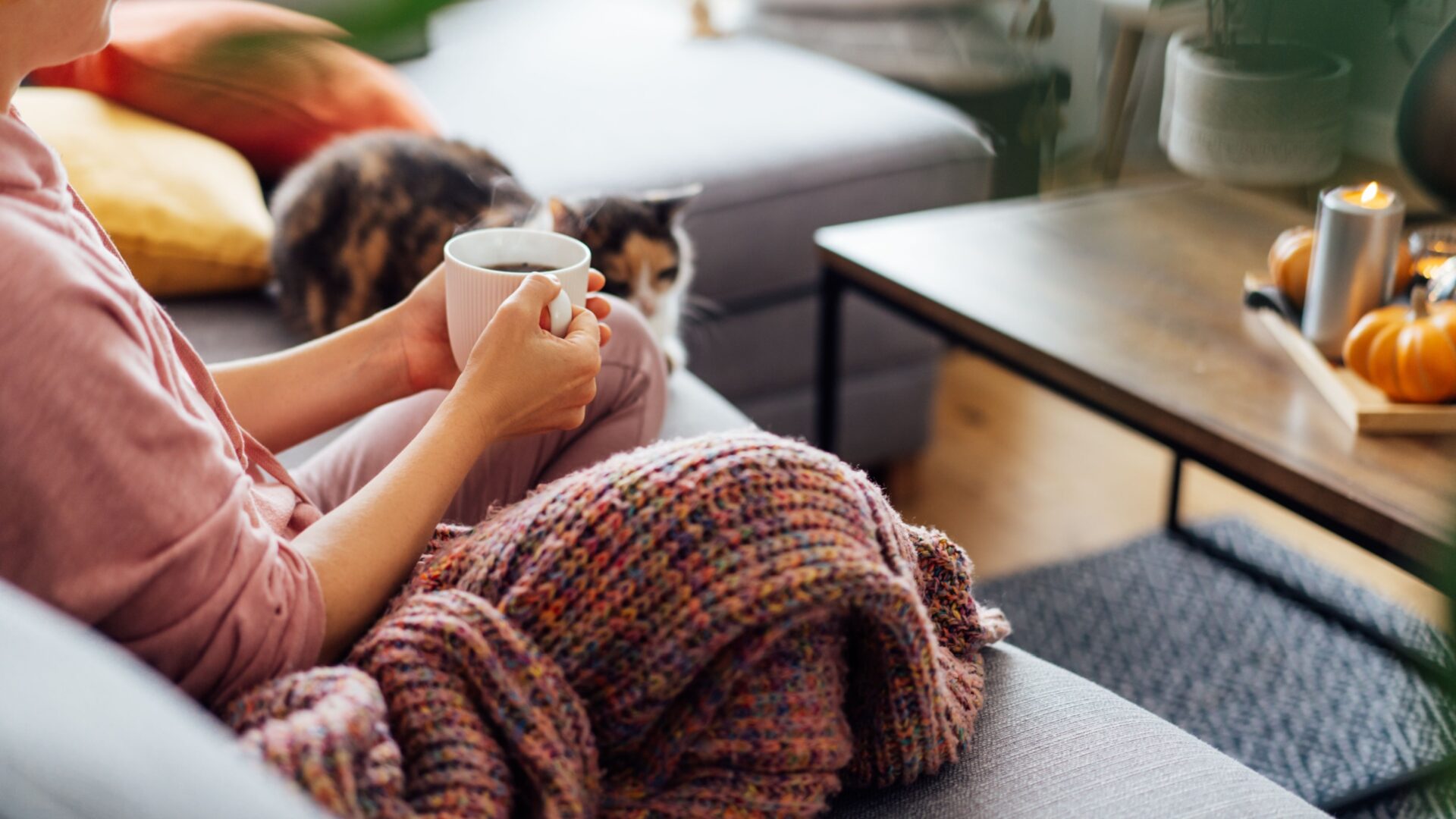 Vrouw met kleed, mok en kat op de bank